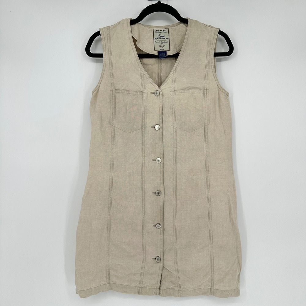 Vintage Gap 100% Linen Beige Natural Button Up Sleeveless Mini Sheath Dress 10
